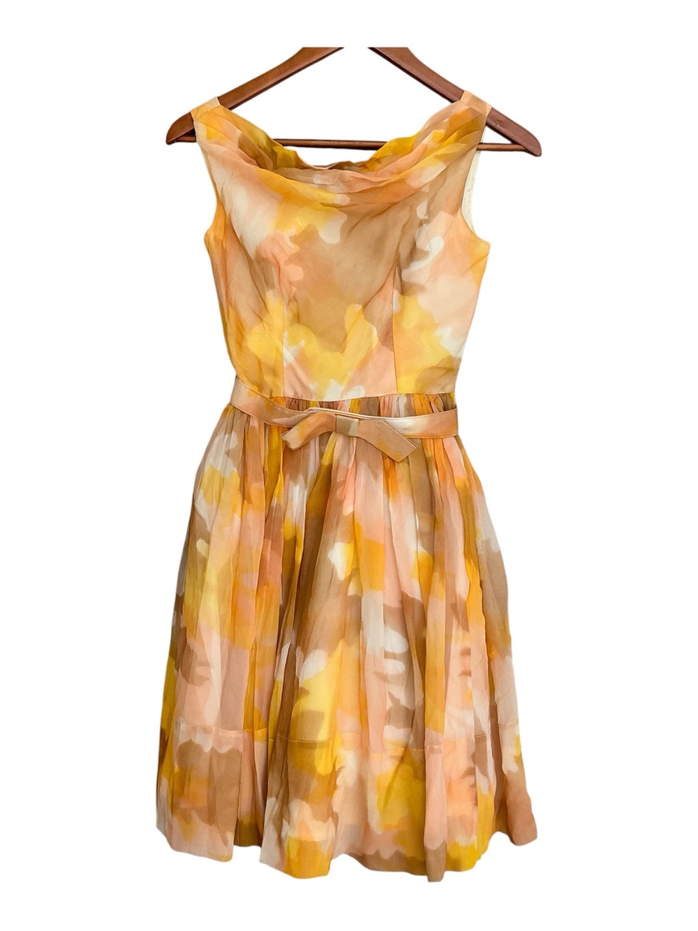 Vintage 1950s sleeveless floral peach and yellow belted dress USA made XS